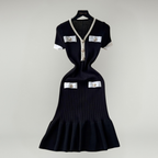 Women’s V-Neck Ribbed Knit Bodycon Sweater Dress with Button Detail – Elegant Party & Evening Dress