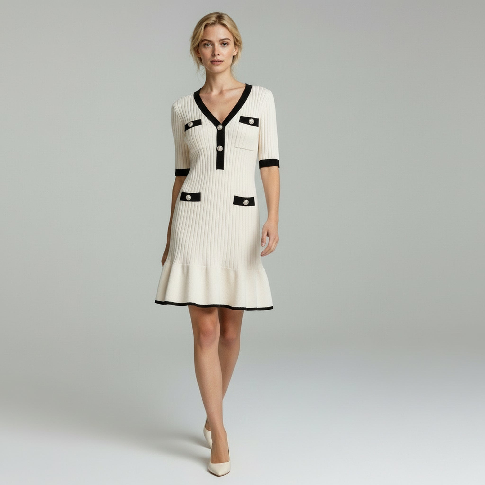 Women’s V-Neck Ribbed Knit Bodycon Sweater Dress with Button Detail – Elegant Party & Evening Dress