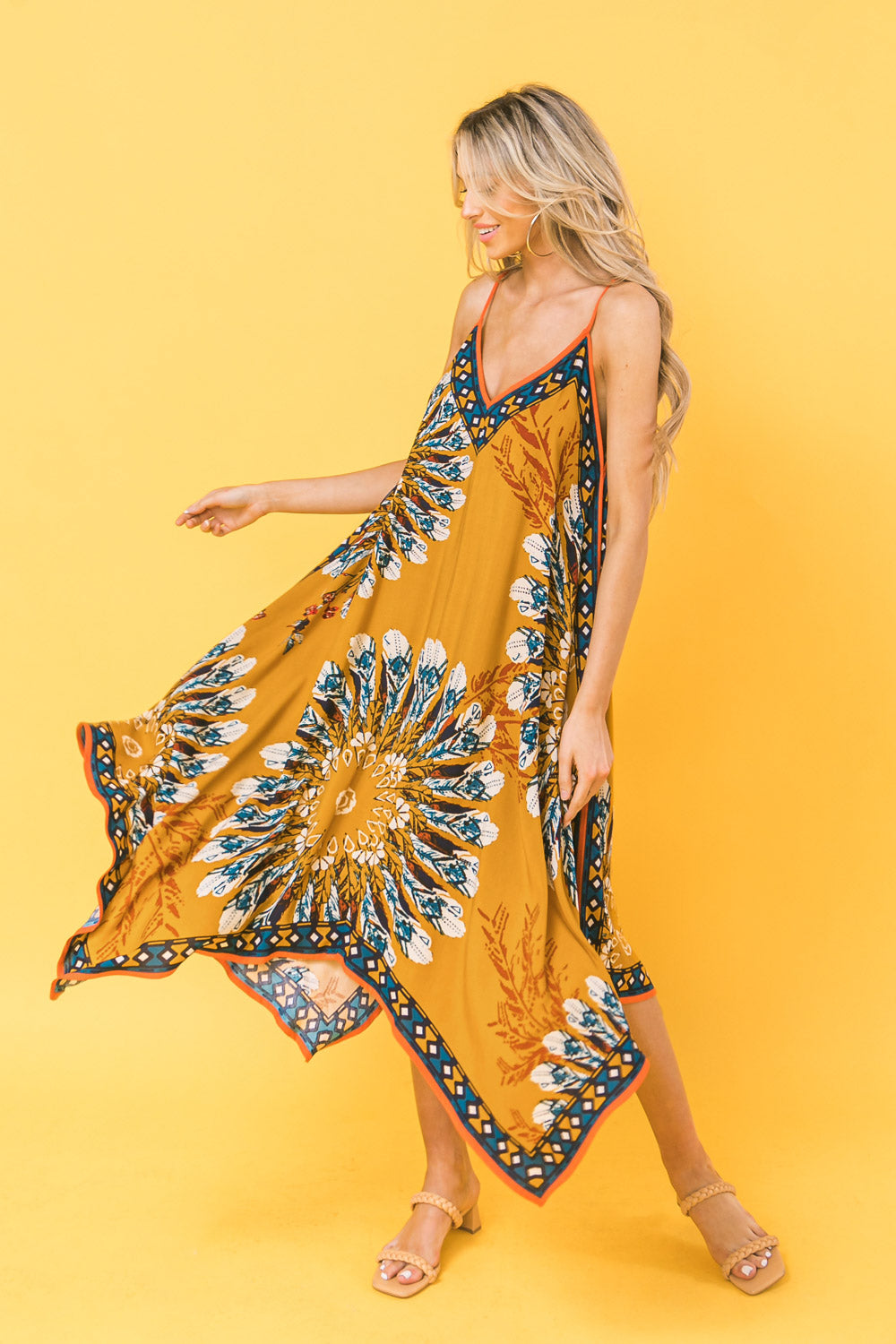 Printed Rayon Hanky Hem Midi Dress