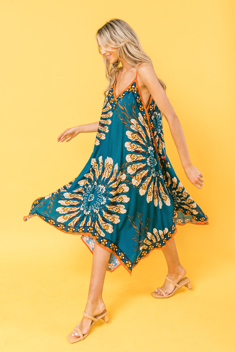 Printed Rayon Hanky Hem Midi Dress