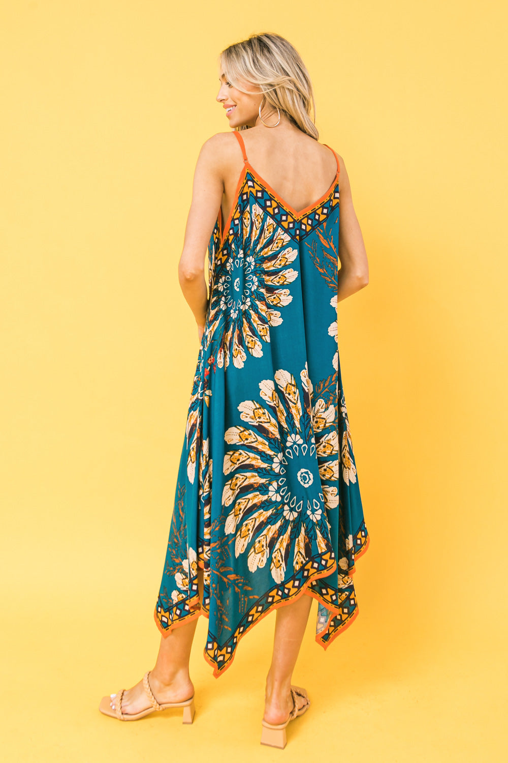 Printed Rayon Hanky Hem Midi Dress