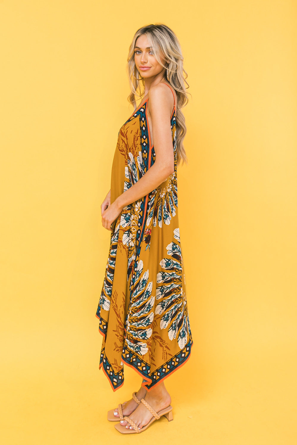 Printed Rayon Hanky Hem Midi Dress