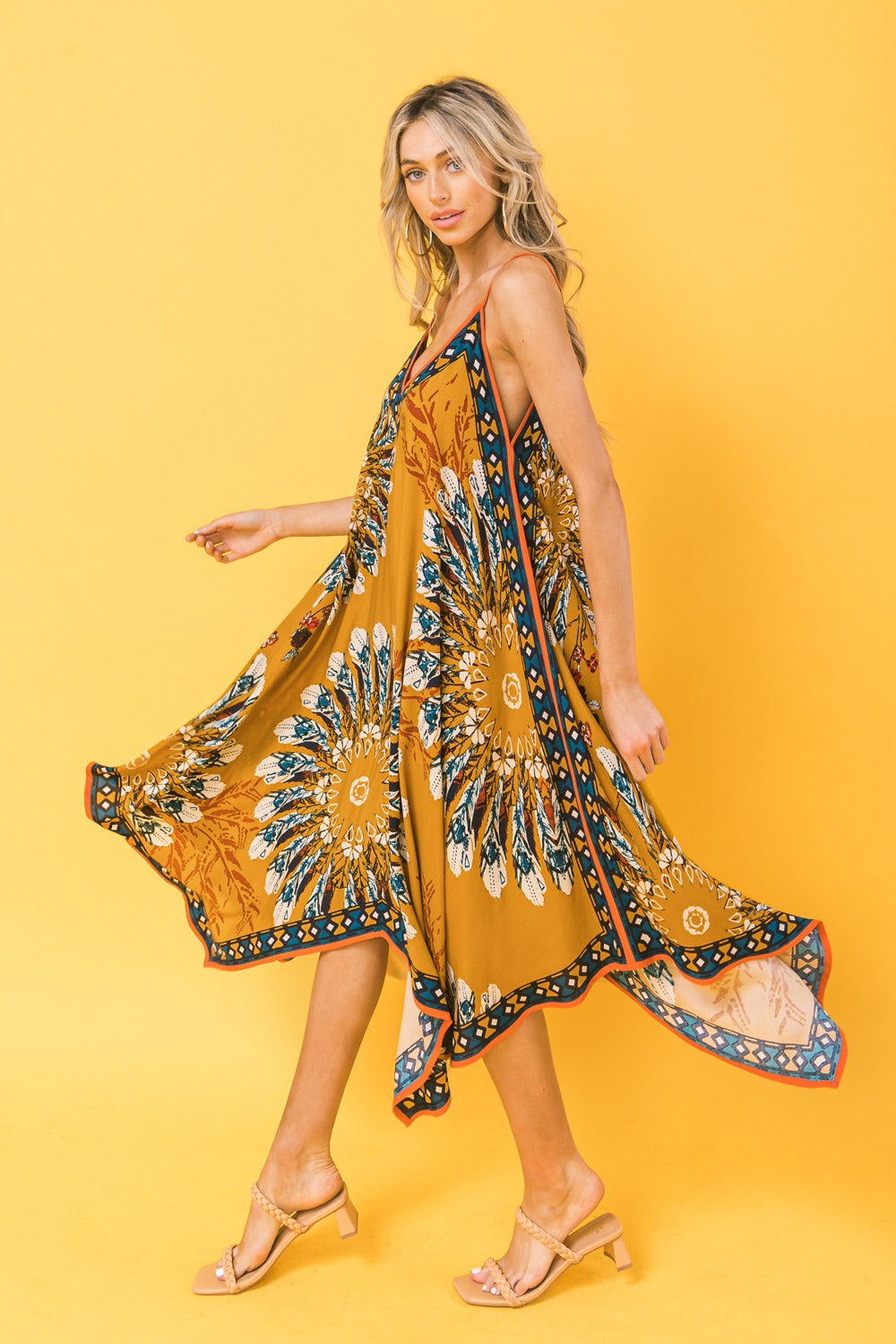 Printed Rayon Hanky Hem Midi Dress