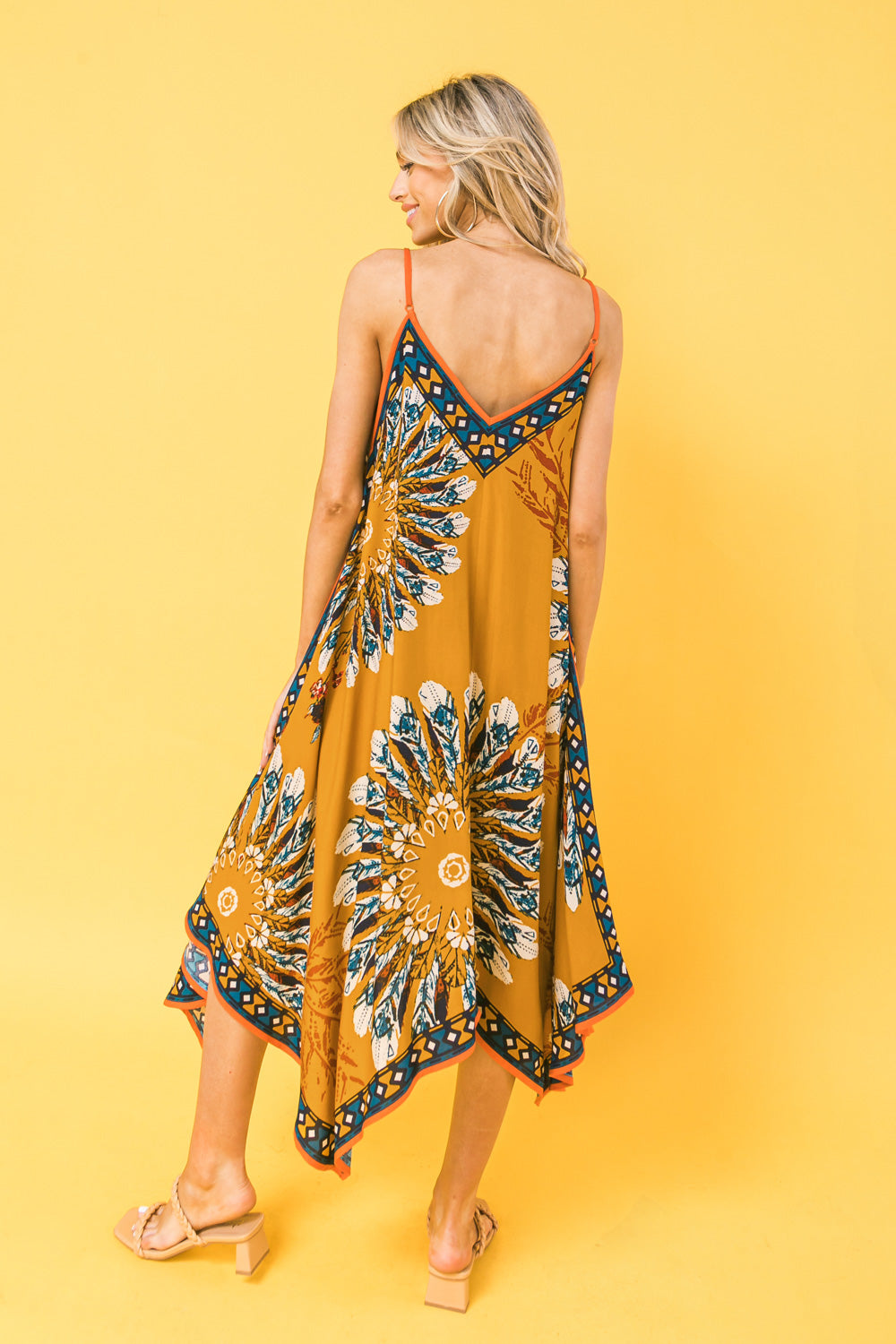 Printed Rayon Hanky Hem Midi Dress