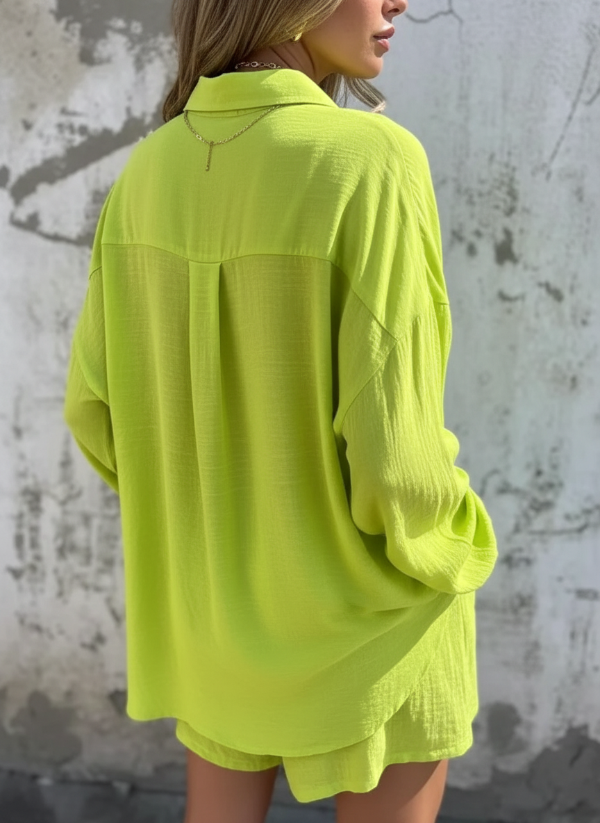 Women’s Two-Piece Linen Blend Set – Relaxed Oversized Shirt & Shorts Co-Ord Outfit, Eco-Friendly Breathable Summer Wear