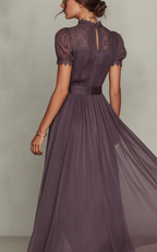 Women’s Vintage Lace A-Line Maxi Dress – O Neck High Waist Pleated Short Sleeve Flowy Summer Party Dress