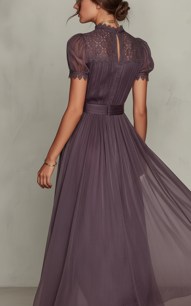 Women’s Vintage Lace A-Line Maxi Dress – O Neck High Waist Pleated Short Sleeve Flowy Summer Party Dress