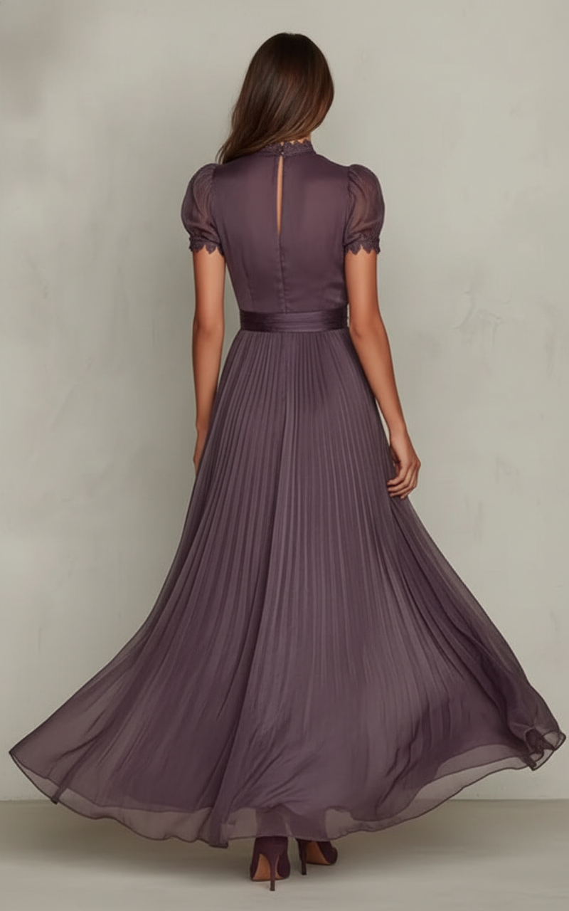 Women’s Vintage Lace A-Line Maxi Dress – O Neck High Waist Pleated Short Sleeve Flowy Summer Party Dress
