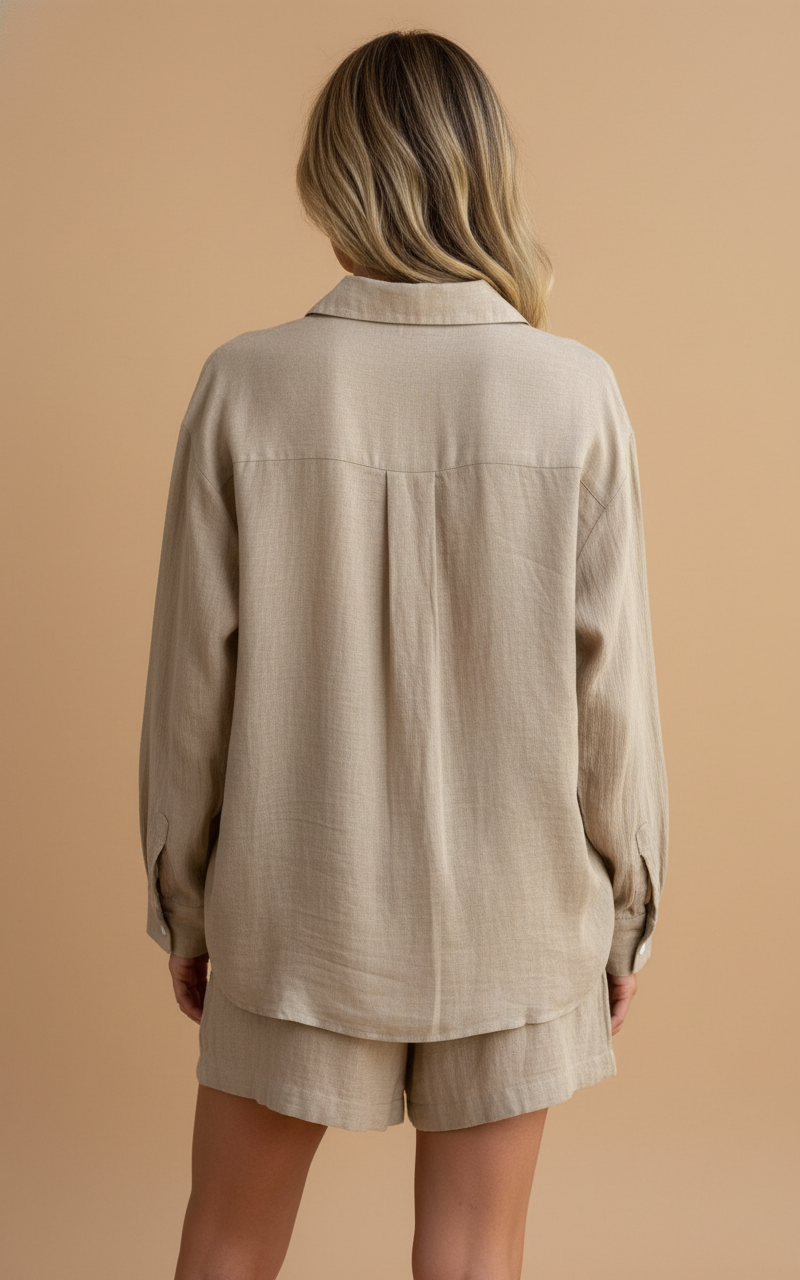 Women’s Two-Piece Linen Blend Set – Relaxed Oversized Shirt & Shorts Co-Ord Outfit, Eco-Friendly Breathable Summer Wear