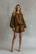 Women’s Bohemian Two-Piece Vacation Set – Ruffle Hem Top & Beach Shorts