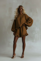 Women’s Bohemian Two-Piece Vacation Set – Ruffle Hem Top & Beach Shorts