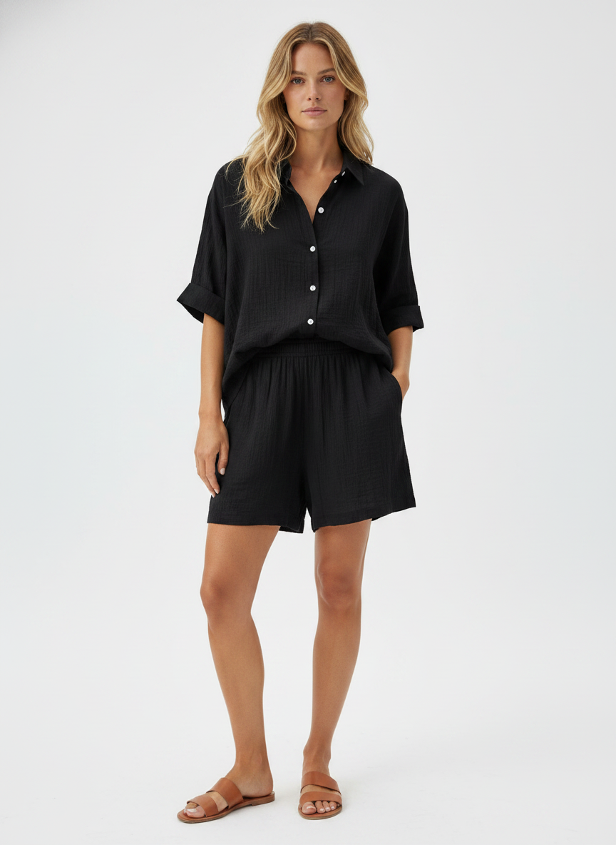 Women’s Two-Piece Linen Blend Set – Relaxed Oversized Shirt & Shorts Co-Ord Outfit, Eco-Friendly Breathable Summer Wear