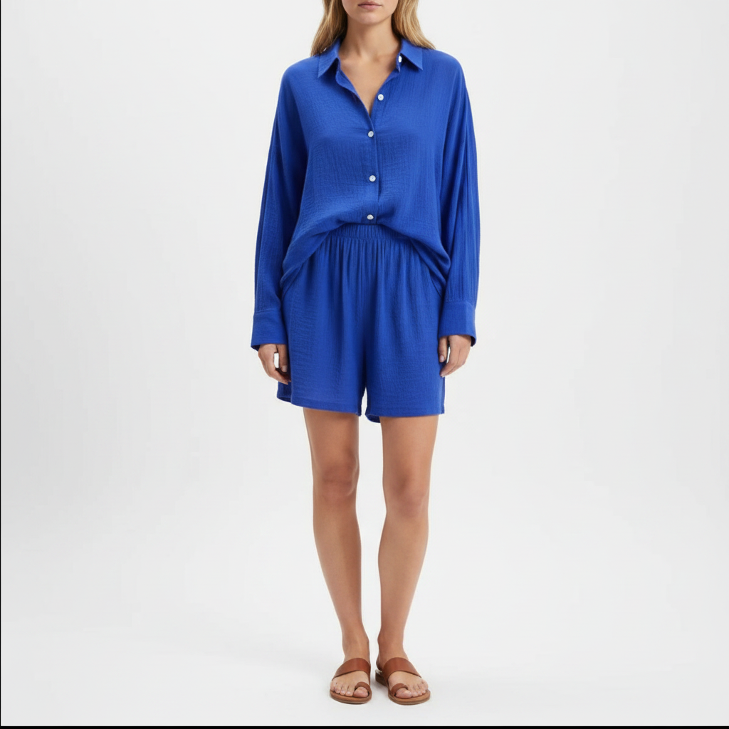 Women’s Two-Piece Linen Blend Set – Relaxed Oversized Shirt & Shorts Co-Ord Outfit, Eco-Friendly Breathable Summer Wear