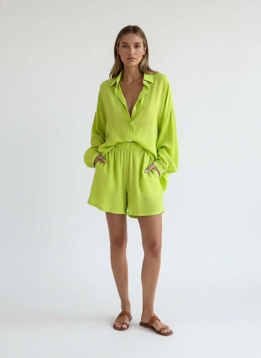 Women’s Two-Piece Linen Blend Set – Relaxed Oversized Shirt & Shorts Co-Ord Outfit, Eco-Friendly Breathable Summer Wear