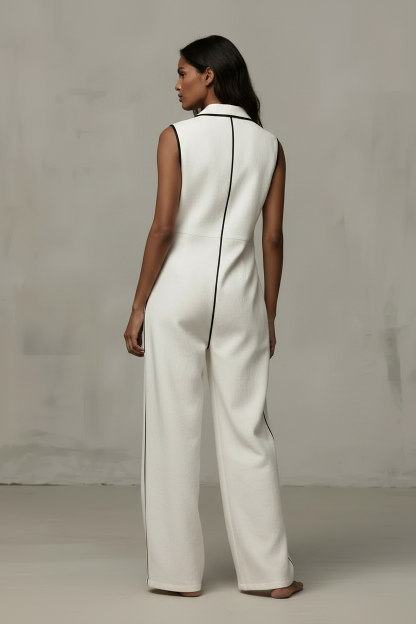Women’s Contrast Color Stand Collar Jumpsuit – Loose Fit Zipper Wide Leg Casual Vacation Outfit with Pockets (Summer New)