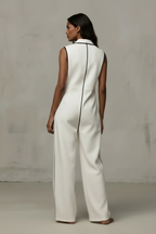 Women’s Contrast Color Stand Collar Jumpsuit – Loose Fit Zipper Wide Leg Casual Vacation Outfit with Pockets (Summer New)