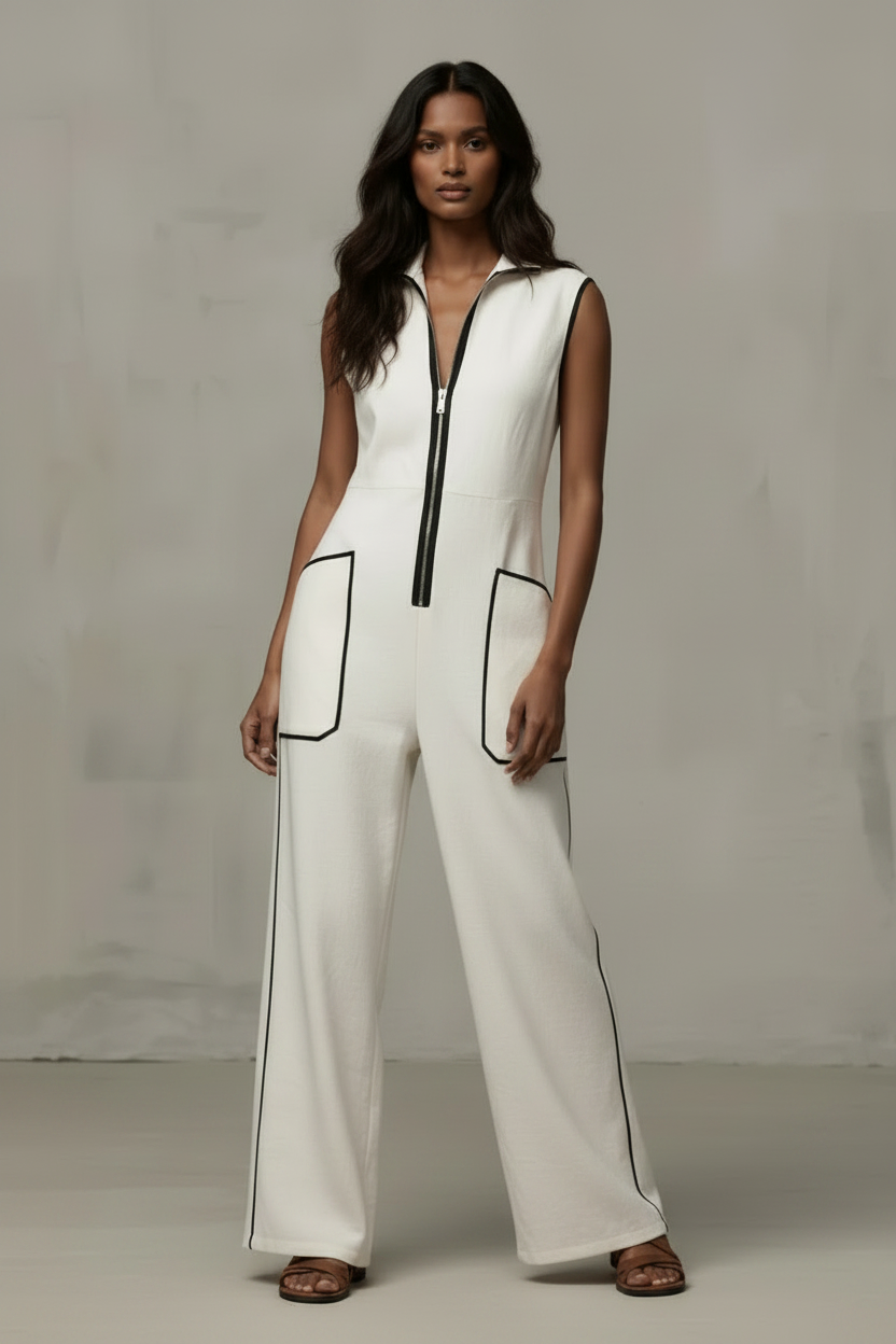 Women’s Contrast Color Stand Collar Jumpsuit – Loose Fit Zipper Wide Leg Casual Vacation Outfit with Pockets (Summer New)