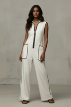 Women’s Contrast Color Stand Collar Jumpsuit – Loose Fit Zipper Wide Leg Casual Vacation Outfit with Pockets (Summer New)