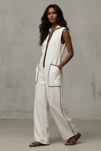 Women’s Contrast Color Stand Collar Jumpsuit – Loose Fit Zipper Wide Leg Casual Vacation Outfit with Pockets (Summer New)