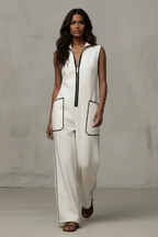Women’s Contrast Color Stand Collar Jumpsuit – Loose Fit Zipper Wide Leg Casual Vacation Outfit with Pockets (Summer New)