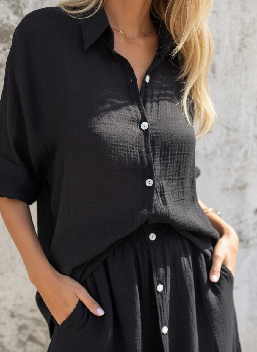Women’s Two-Piece Linen Blend Set – Relaxed Oversized Shirt & Shorts Co-Ord Outfit, Eco-Friendly Breathable Summer Wear