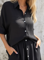 Women’s Two-Piece Linen Blend Set – Relaxed Oversized Shirt & Shorts Co-Ord Outfit, Eco-Friendly Breathable Summer Wear