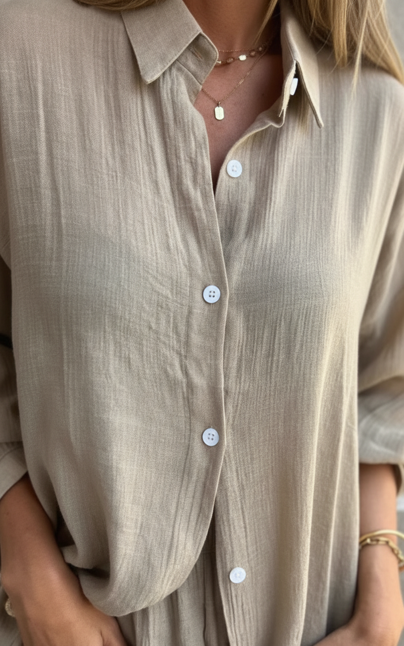Women’s Two-Piece Linen Blend Set – Relaxed Oversized Shirt & Shorts Co-Ord Outfit, Eco-Friendly Breathable Summer Wear