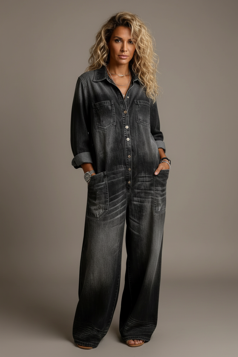 Women’s Retro Denim Jumpsuit – Long Sleeve Turn-Down Collar Single Breasted Loose Fit Ankle-Length (Casual Fashion)
