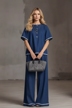 Women’s Contrast Color Two-Piece Set – Short Sleeve Crew Neck Top & High Waist Wide Leg Pants Casual Matching Outfit