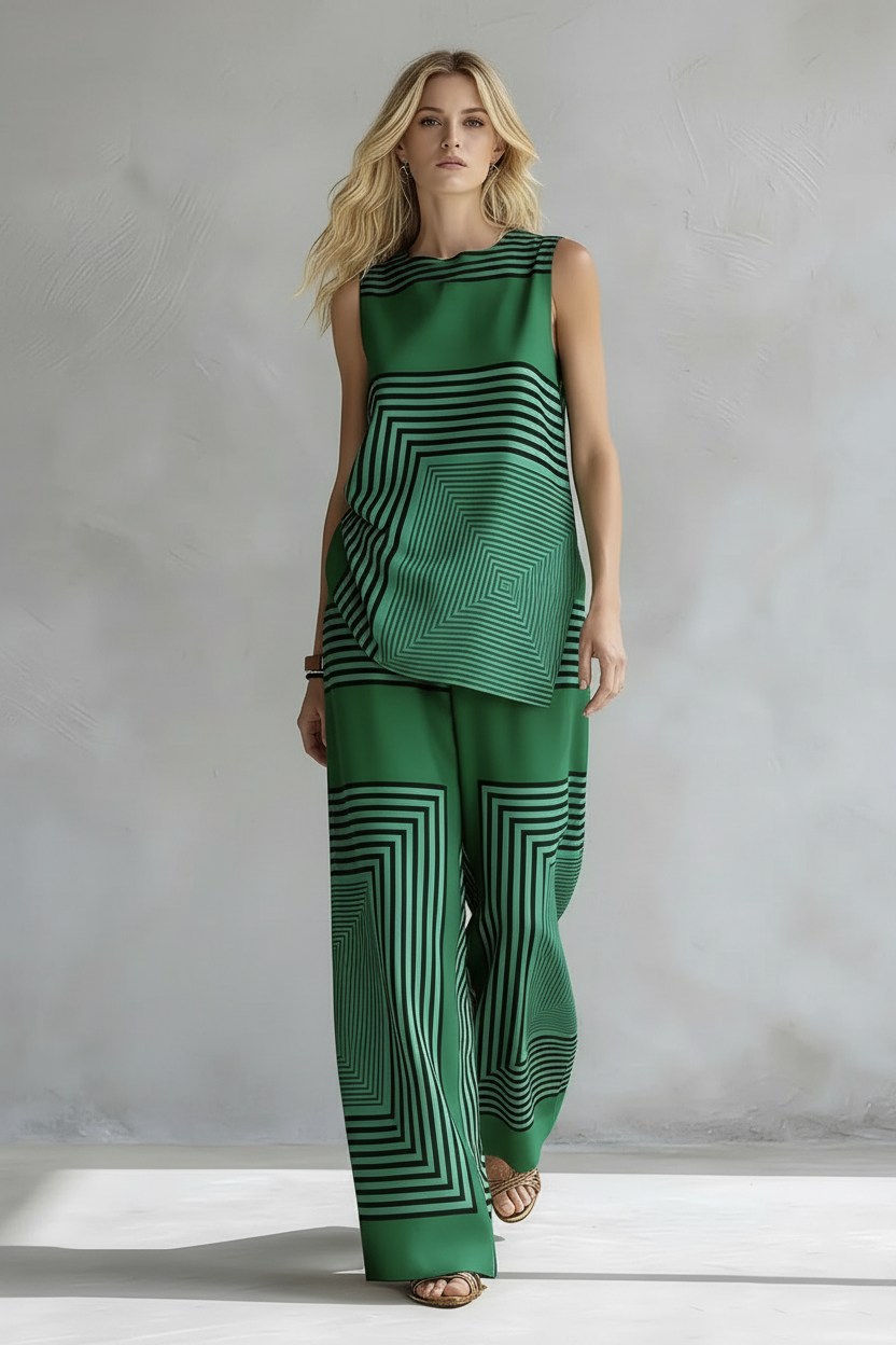 Women’s Geometric Striped Two-Piece Set – Sleeveless O-Neck Asymmetrical Hem Vest Top & Wide-Leg Pants Matching Outfit