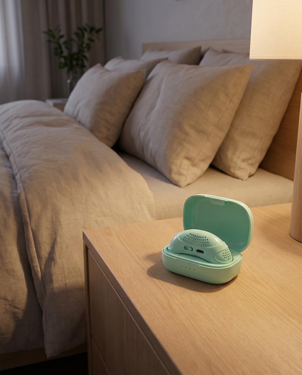 Compact nasal breathing aid device on a nightstand, product photo