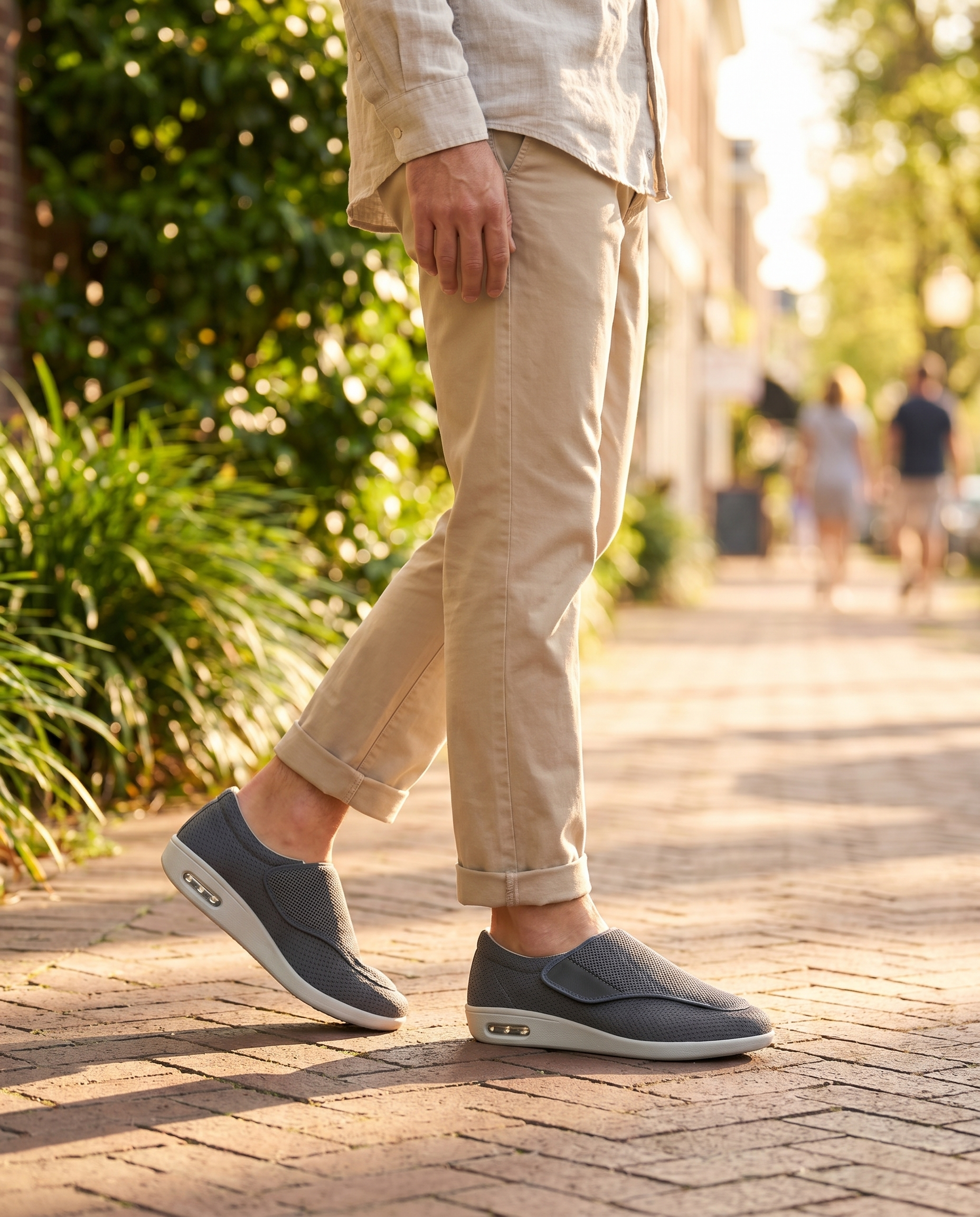 Wide comfort shoes worn walking, lifestyle