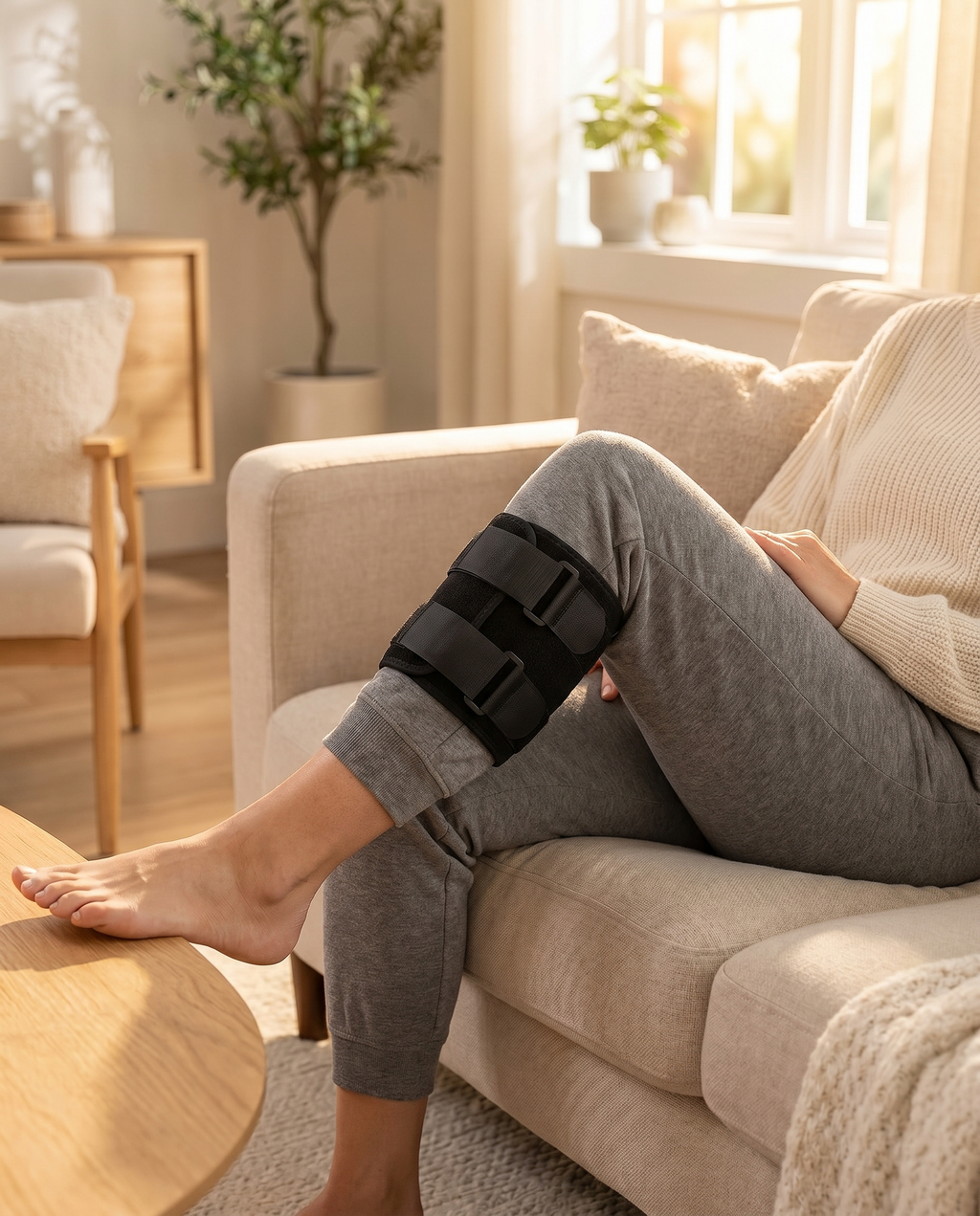 Sciatic nerve brace worn at home, lifestyle