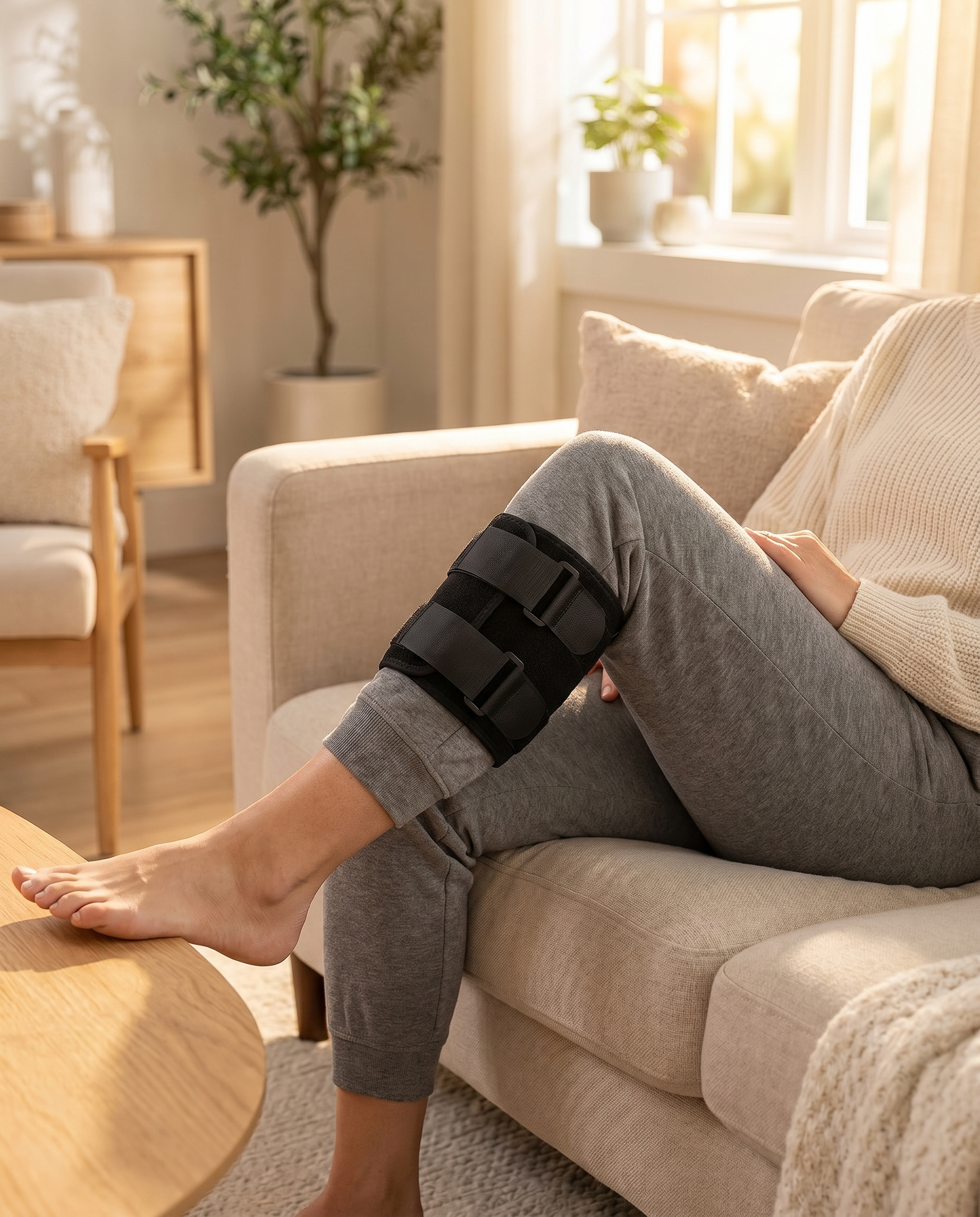 Sciatic nerve brace worn at home, lifestyle