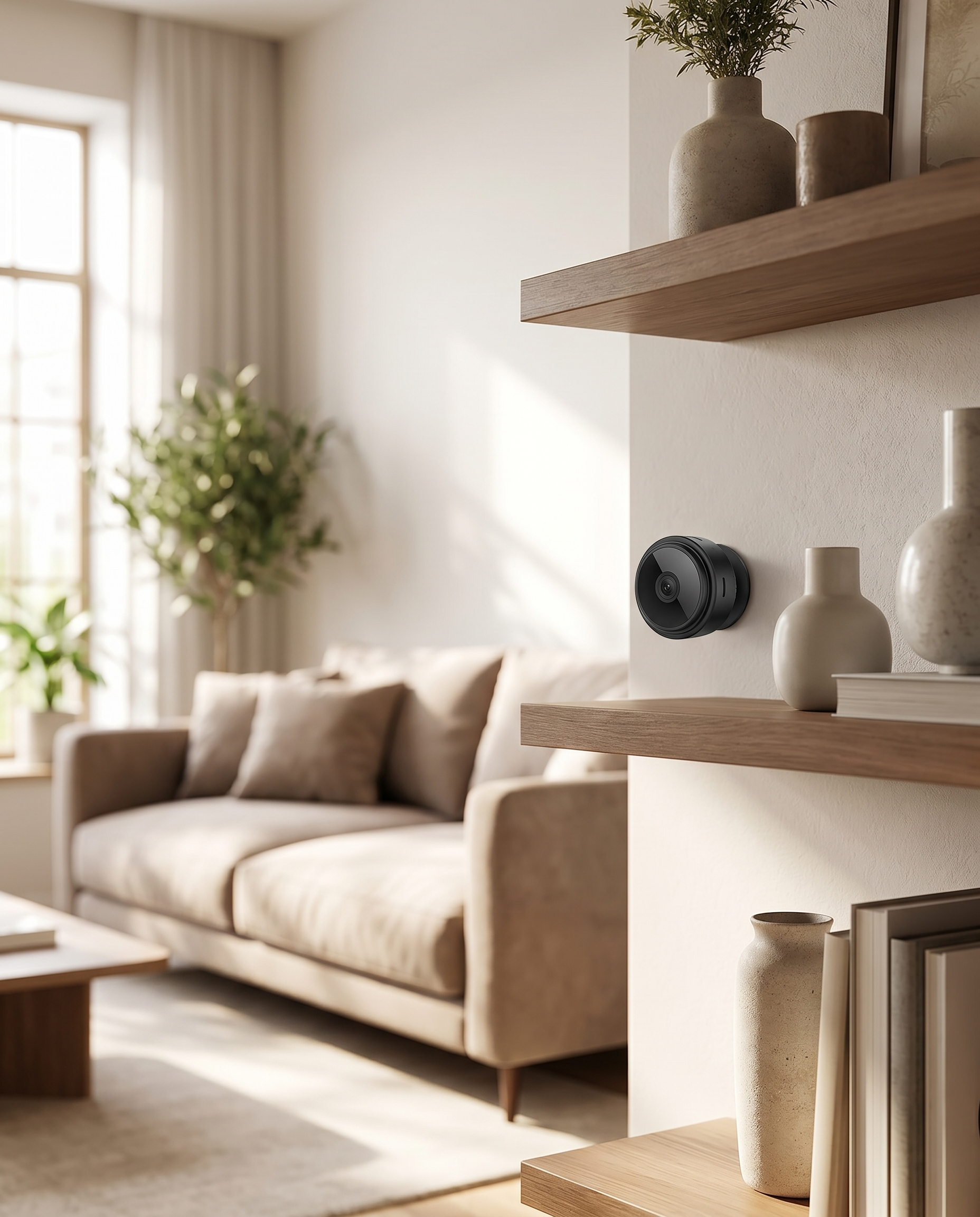 Palm-size security camera in a home, lifestyle