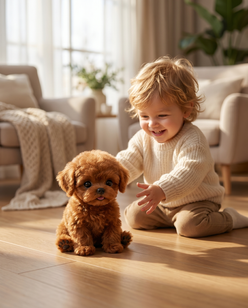 Lifelike robotic puppy toy with a child, lifestyle