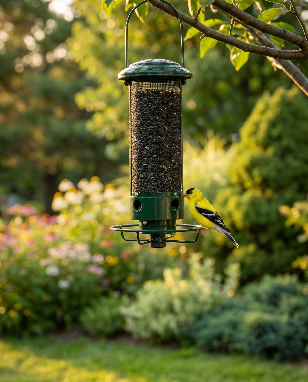 Weight-activated bird feeder in a garden, lifestyle