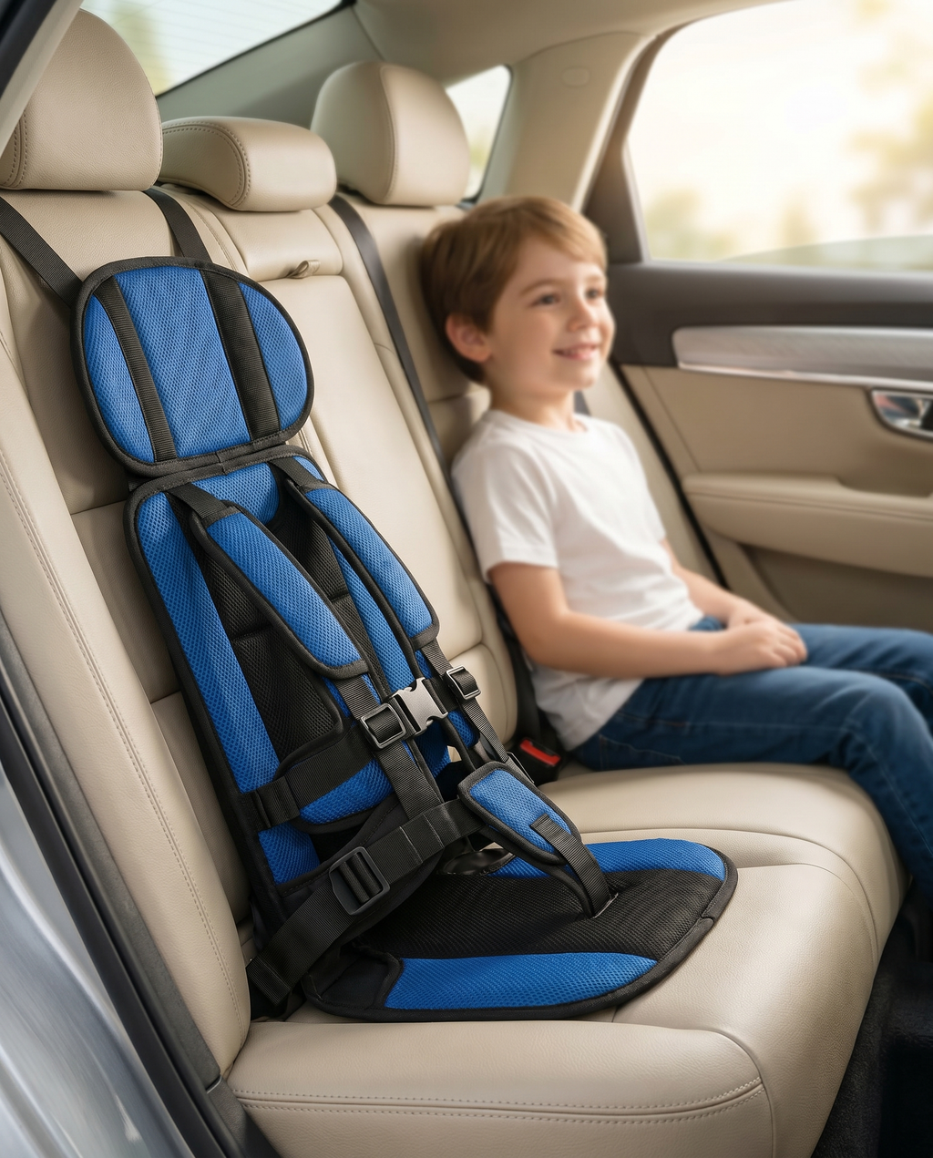 Portable car booster seat in a car, lifestyle