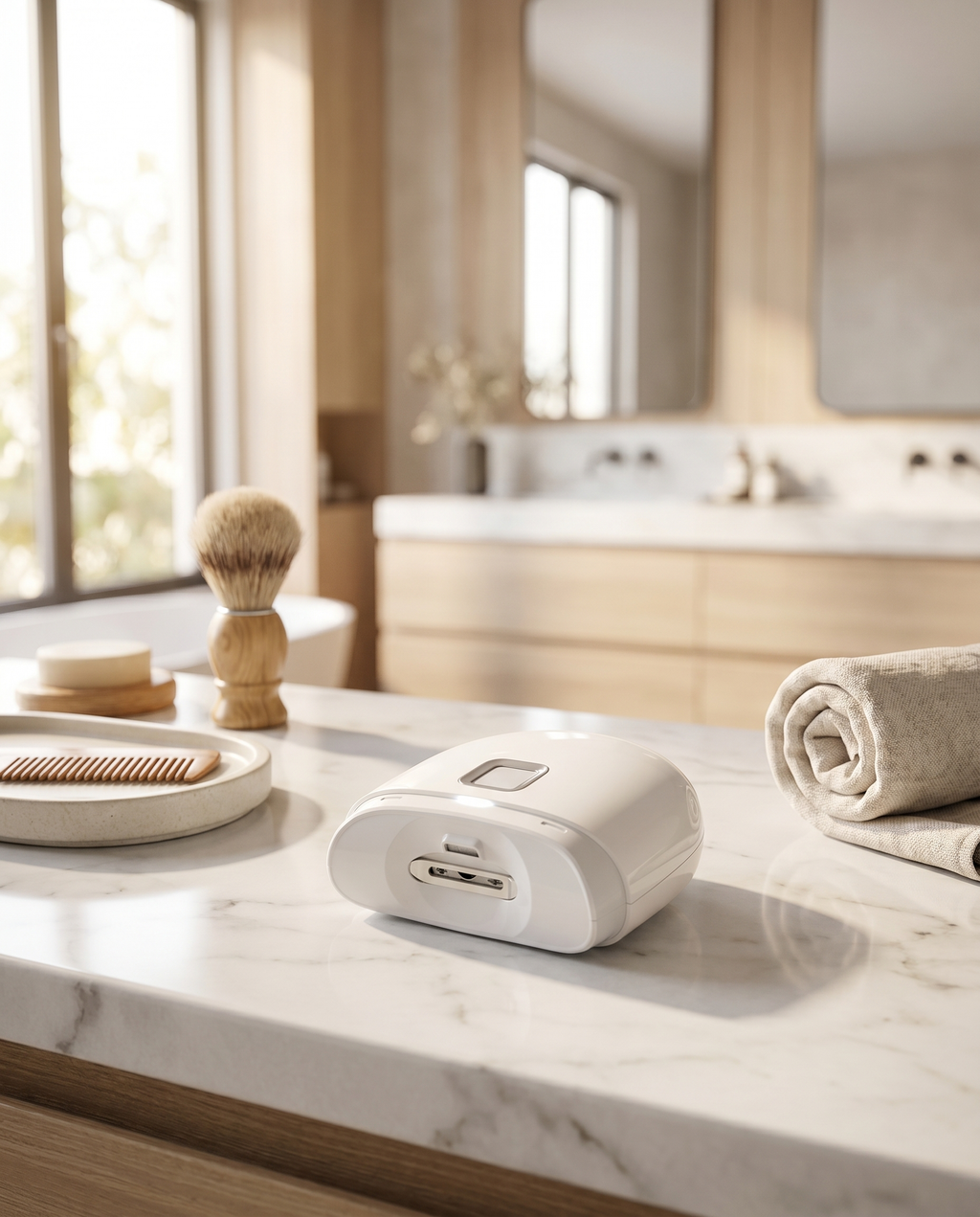 Dual-speed electric nail clipper on a vanity, lifestyle