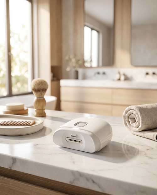 Dual-speed electric nail clipper on a vanity, lifestyle