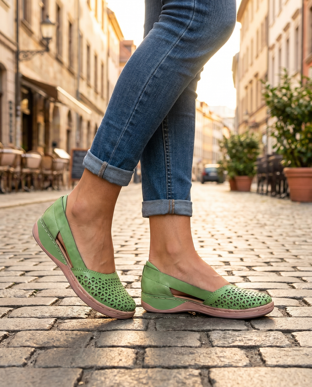 Women's breathable slip-on flats worn on a city street, lifestyle