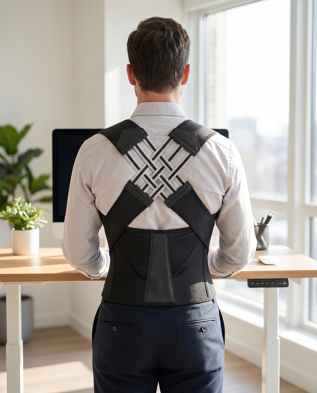 Posture support brace worn at a desk, lifestyle