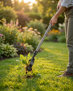 Long-handle weed puller in use in a lawn, lifestyle