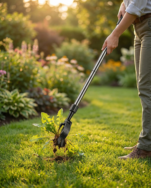 Long-handle weed puller in use in a lawn, lifestyle
