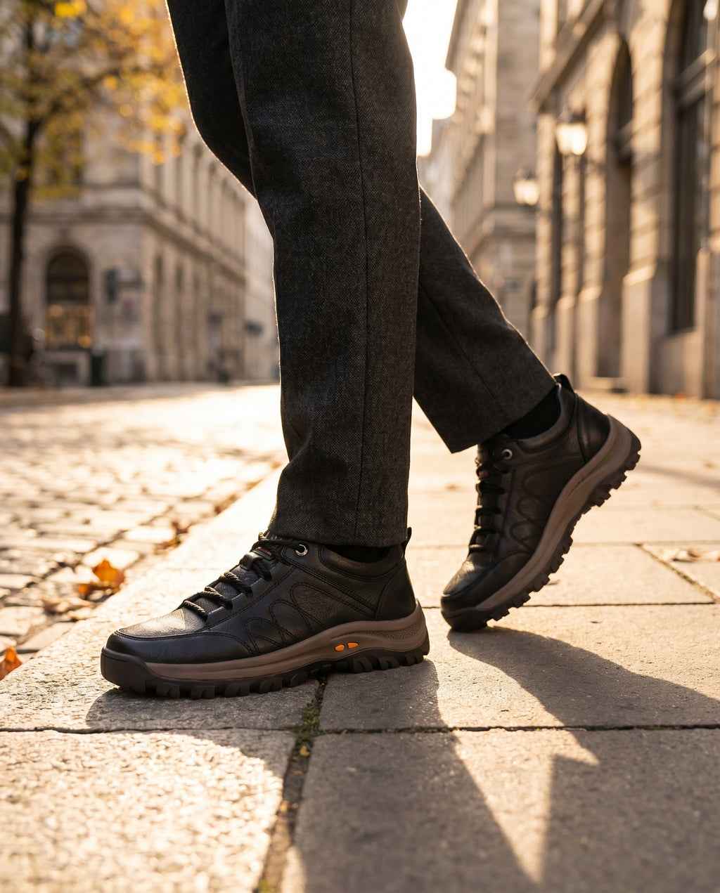 Men's leather comfort dress shoes worn on a sidewalk, lifestyle
