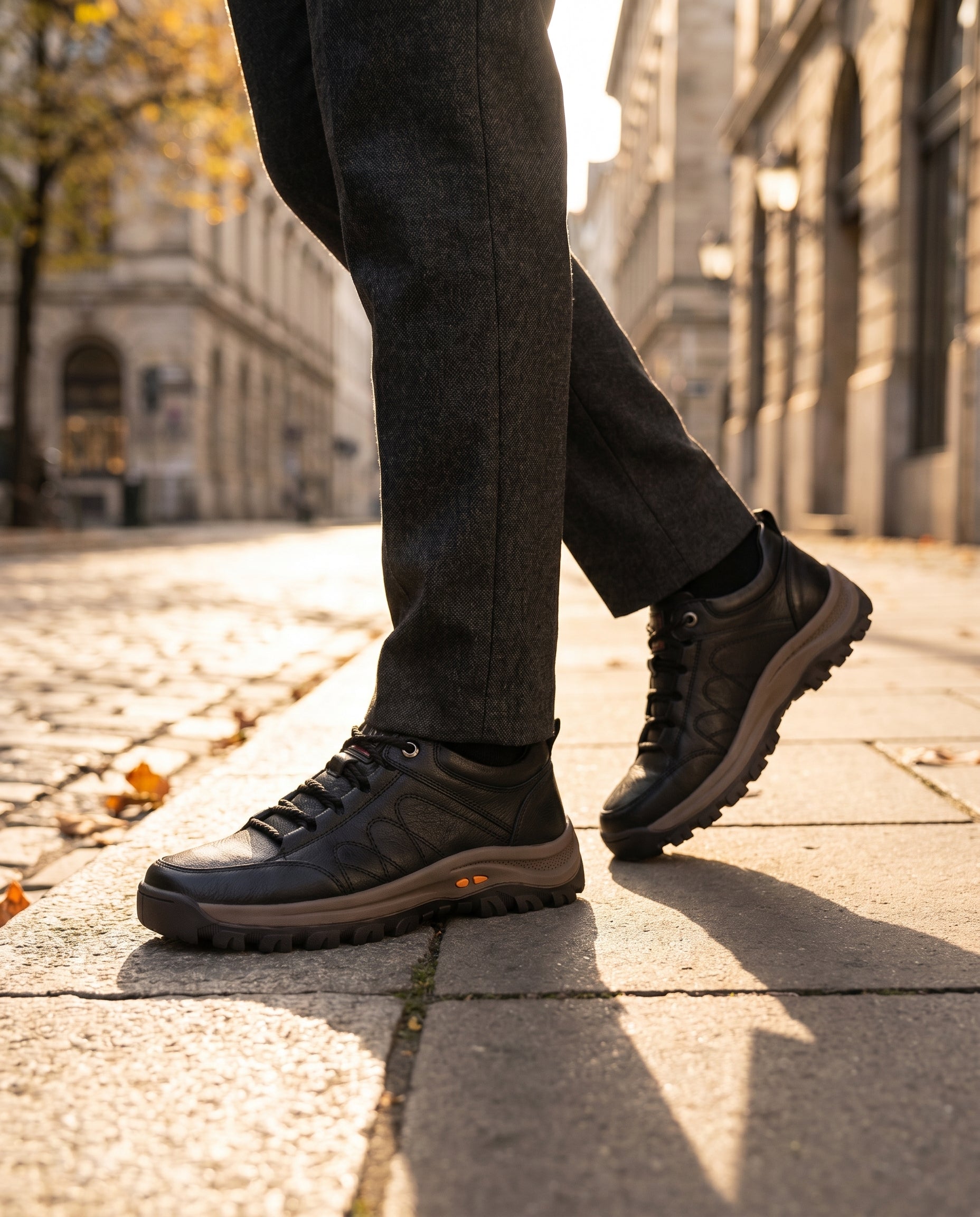 Men's leather comfort dress shoes worn on a sidewalk, lifestyle
