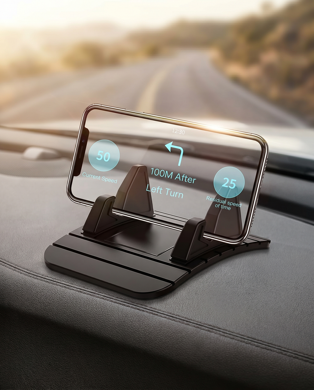 Non-slip phone holder on a car dashboard, lifestyle