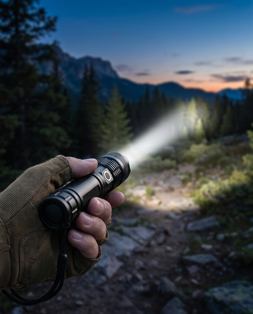 Rechargeable tactical flashlight beam outdoors, lifestyle