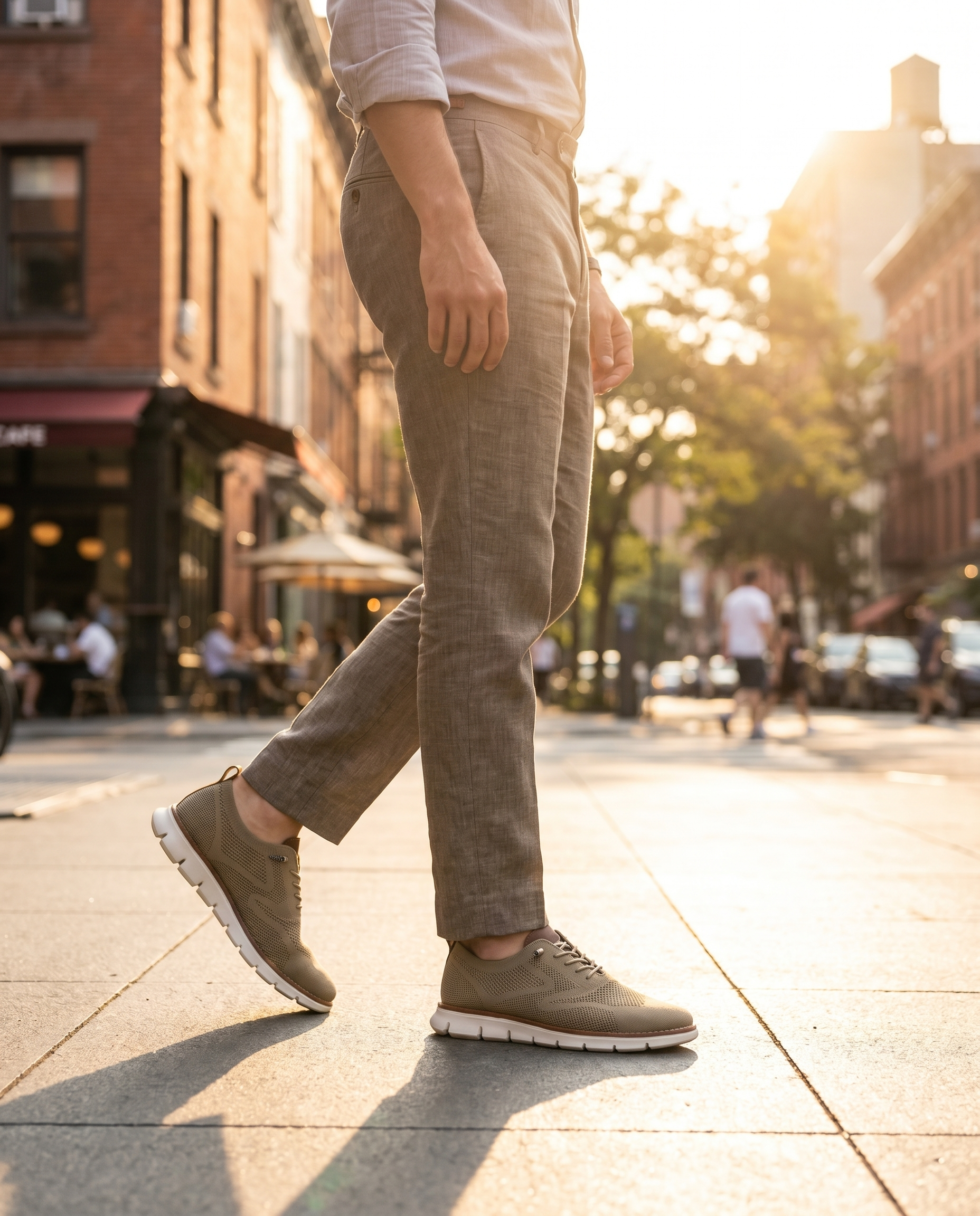 Breathable slip-on shoes worn on a sidewalk, lifestyle