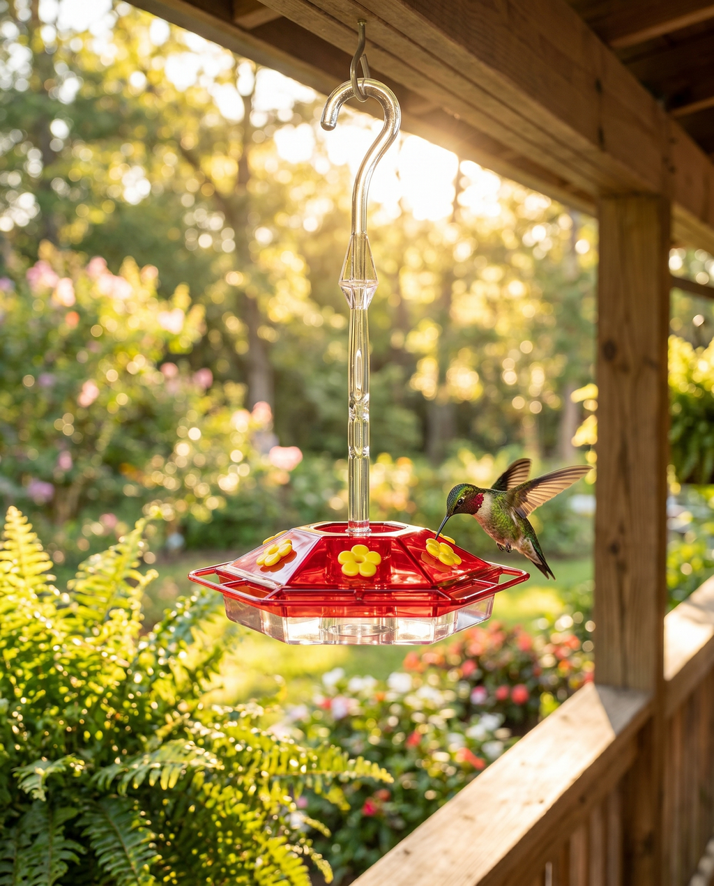 Outdoor nectar hummingbird feeder in a garden, lifestyle